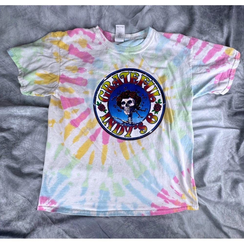 Gildan Grateful Boys Tie Dye T-Shirt Youth Large Skull Roses Pastel Graphic Tee